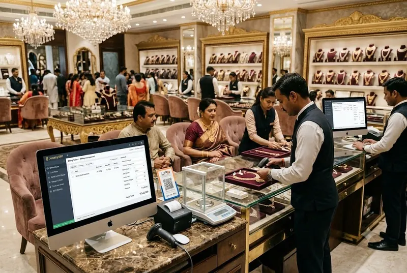Jewellery showroom billing counter with the ERP on screen
