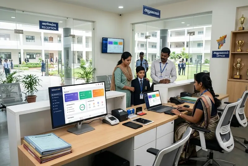 School reception with the ERP dashboard on screen