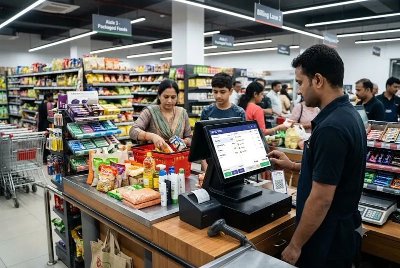 Cashier billing at a busy supermarket checkout