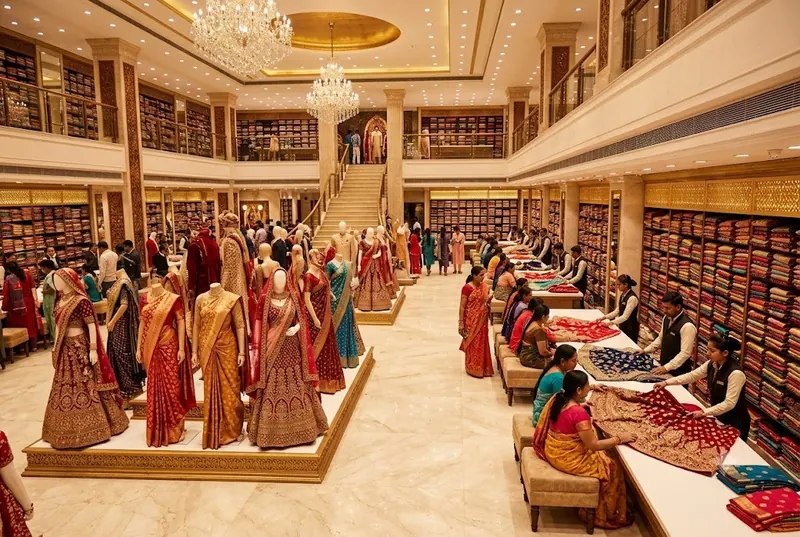 Saree showroom with fabrics stacked floor to ceiling